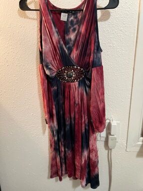 Pink and Navy Tie-Dye Cold-Shoulder Dress with Embellished Waistband